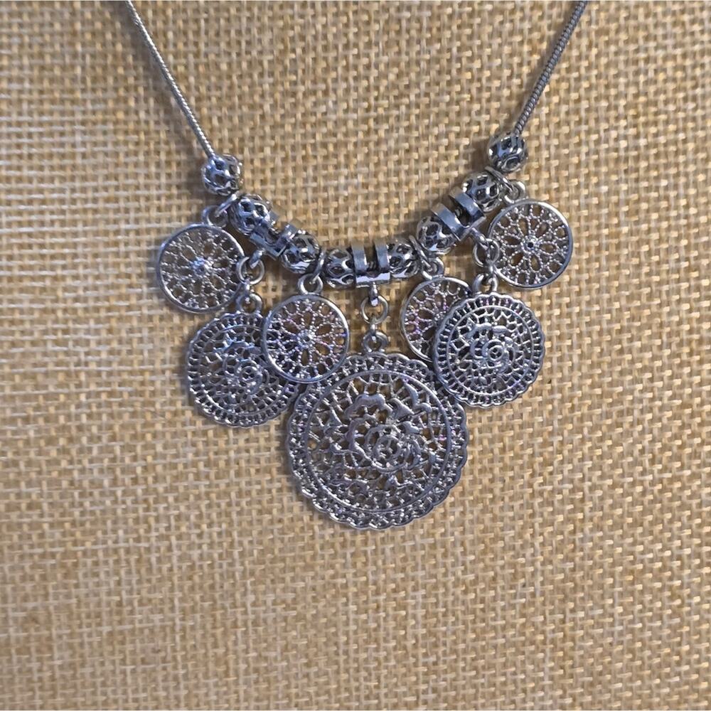 Lia Sophia "Crochet" Matte Silver Tone Filigree & Lace Style Discs Necklace